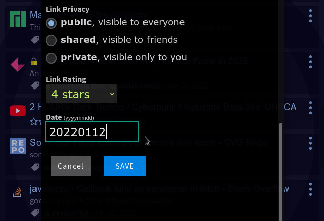 a screenshot of the edit links panel, showing how you can edit the date on any of your links