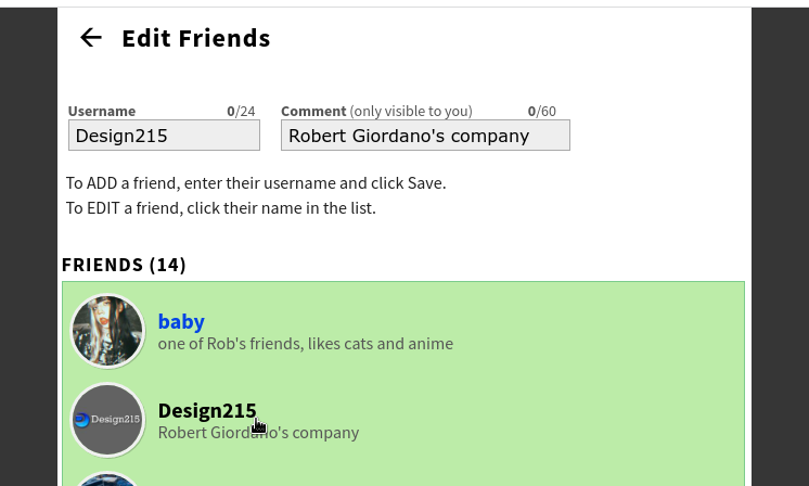 a closeup screenshot of the Edit Friends panel in Linkatopia