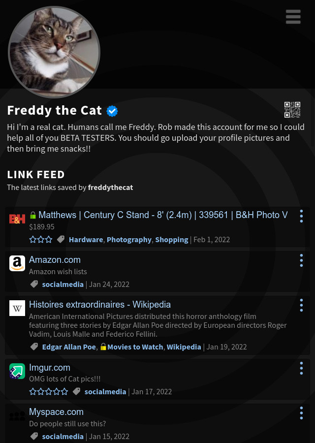 screenshot of a Linkatopia user homepage with the dark theme