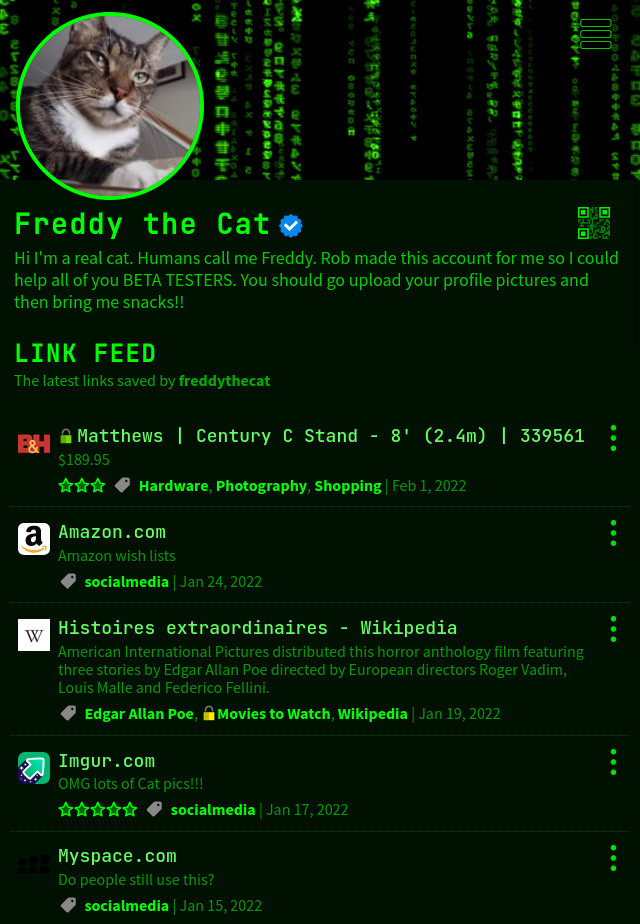 screenshot of a Linkatopia user homepage with the hacker theme