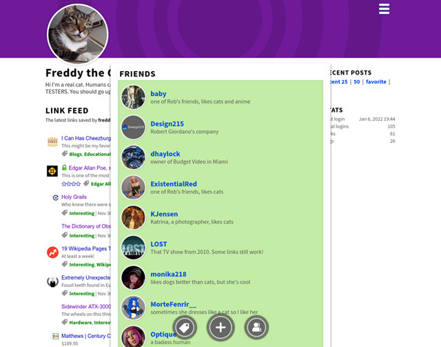 a Linkatopia screenshot showing user freddyTheCat's friends list