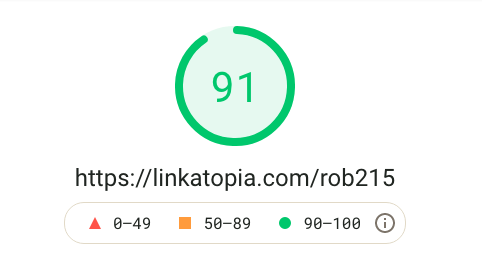 a screenshot of Google PageSpeed results showing a score of 91 for a Linkatopia page