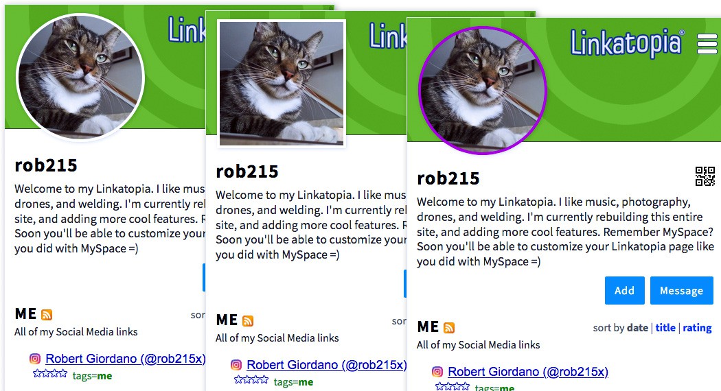 a collage of several Linkatopia screenshots showing different profile picture shapes and border colors