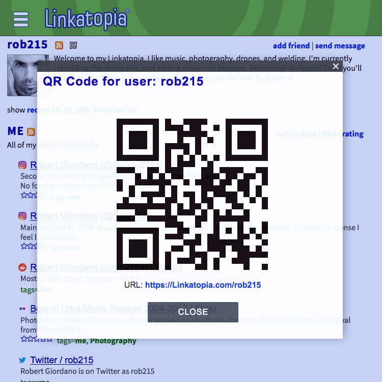 a screenshot showing the QR code popup panel on a Linkatopia user homepage